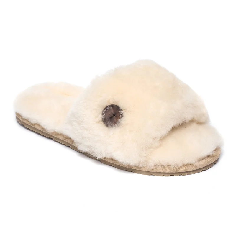 Women's Shearling Lined Slippers with a Fleece Upper in Tan for Ultimate Warmth Madison - Sheepskin Slider - Natural Women's Shearling Lined Slippers with a Fleece Upper in Tan for Ultimate Warmth Madison - Sheepskin Slider - Natural