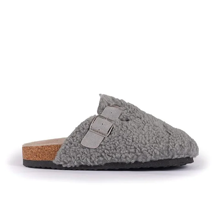 Women's Knitted Cable Pattern Slippers with a Non - Slip Sole in Cream for Indoor Comfort Miley - Borg Fleece Clog Slipper - Grey