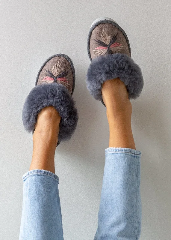 Women's Leather Slippers with a Hand - Stitched Design in Burgundy for Durability Women's Sheepskin Mules - Winter Sky Women's Leather Slippers with a Hand - Stitched Design in Burgundy for Durability Women's Sheepskin Mules - Winter Sky