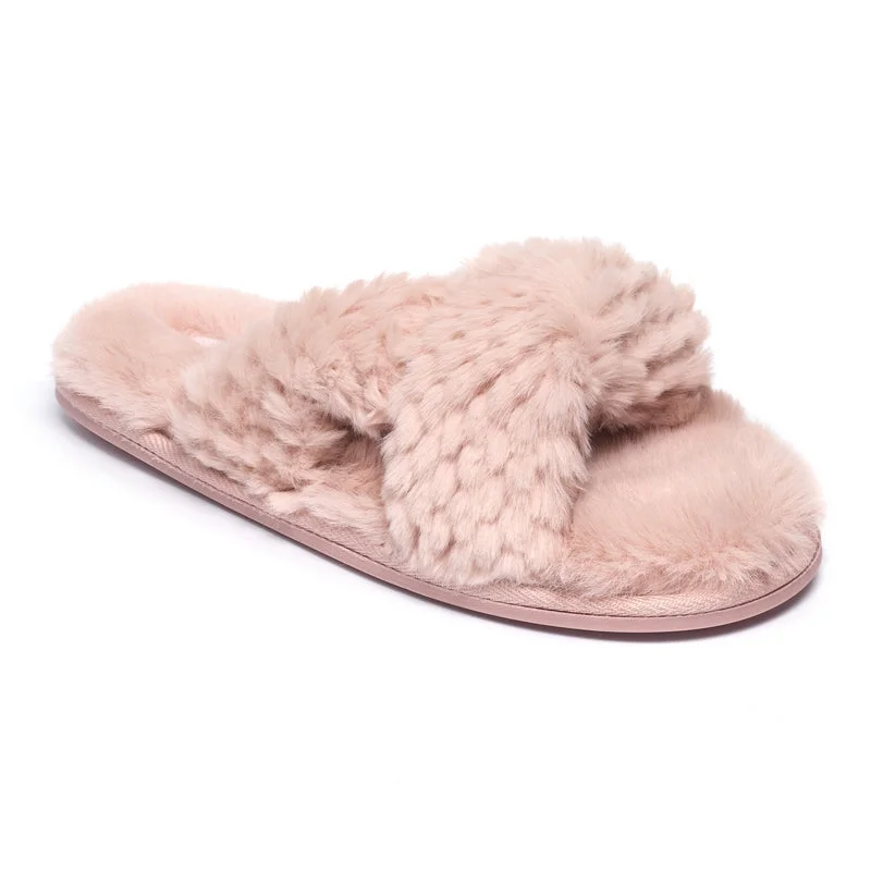  Nicki - Waffle Faux Fur Crossover Slipper Slider - Dusky Pink