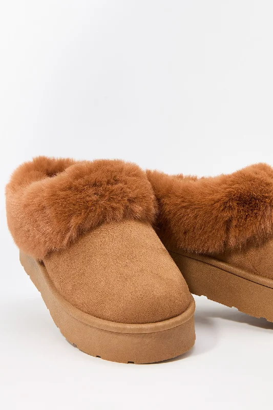 women's booties with combat style Faux Fur Collared Platform Slipper Booties