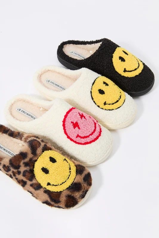women's booties for knee support Happy Face Sherpa Slipper