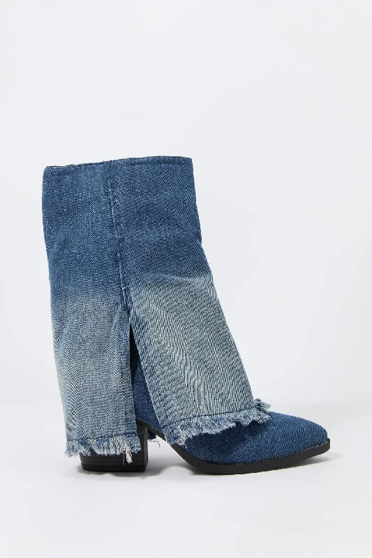 women's booties with combat style Denim Foldover Shaft Heeled Boot