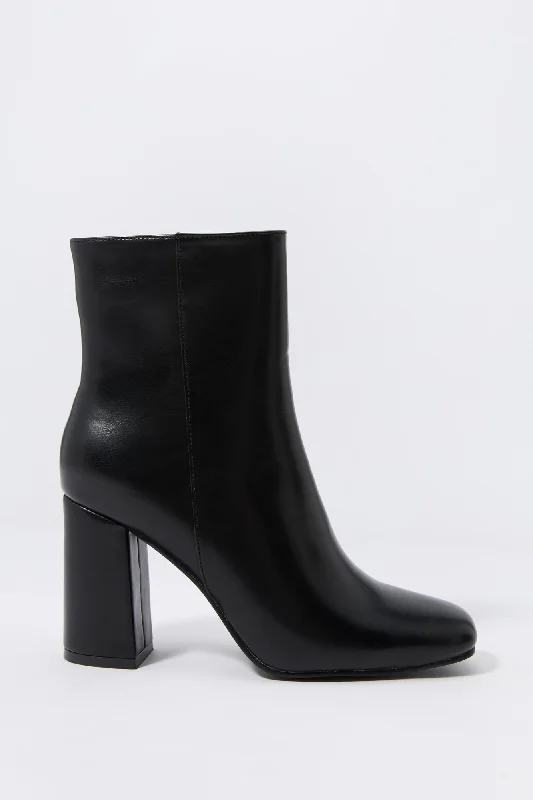 women's booties for petite women Faux Leather Square Toe Heeled Boot