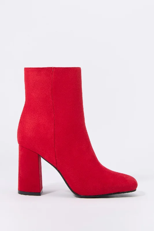 women's booties with buckles Faux Suede Square Toe Heeled Boot