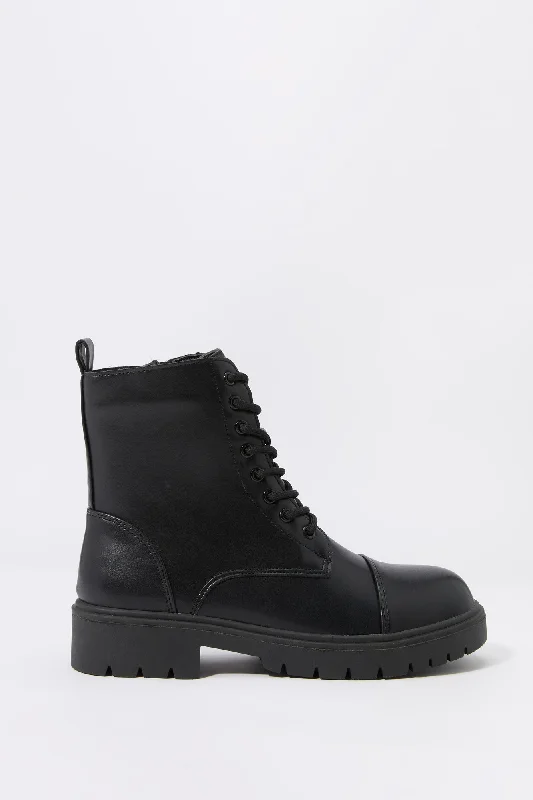 women's booties with buckles Faux Leather Lace Up Boot