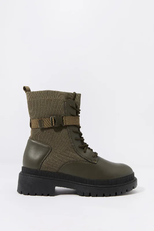 women's booties for knee support Lace Up Buckled Boot