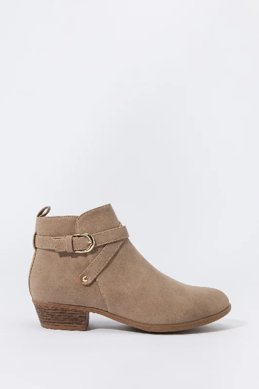 women's booties with metallic finish Faux Suede Buckled Chelsea Booties