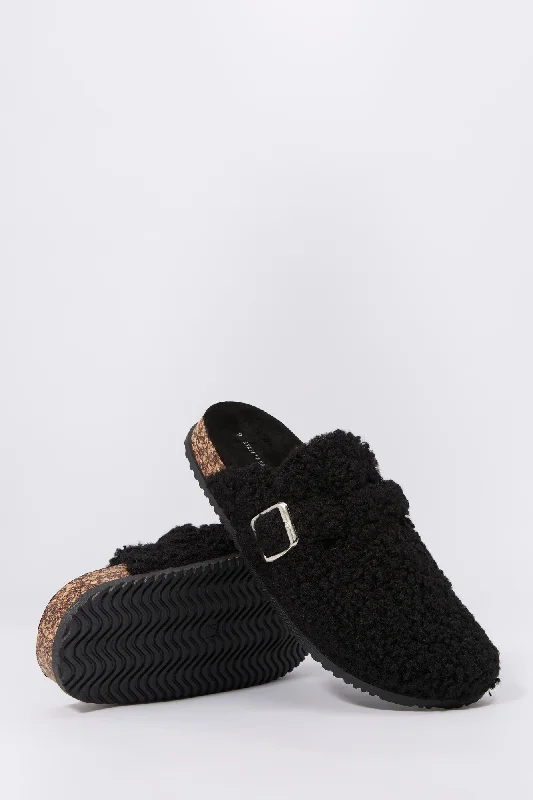 women's booties for urban style Faux Fur Cork Slipper Slides