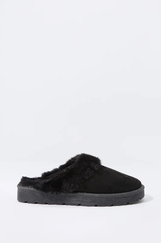 women's booties with metallic finish Faux Fur Collared Slipper Bootie