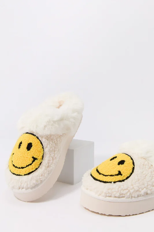 women's waterproof booties Faux Fur Collared Happy Face Slipper