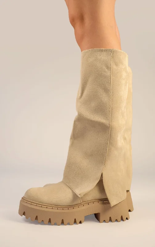 Women's long boots with a round toe for a classic look Beige Faux Suede Fold Over Chunky Round Toe Knee High Boots Women's long boots with a round toe for a classic look Beige Faux Suede Fold Over Chunky Round Toe Knee High Boots
