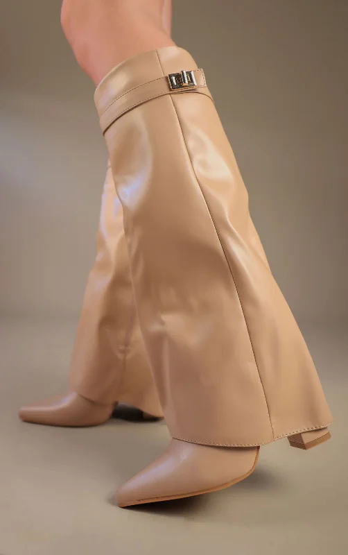 Women's long boots with a wide - calf option Beige Leather Fold Over Shark Classic Buckle Knee High Boot Women's long boots with a wide - calf option Beige Leather Fold Over Shark Classic Buckle Knee High Boot