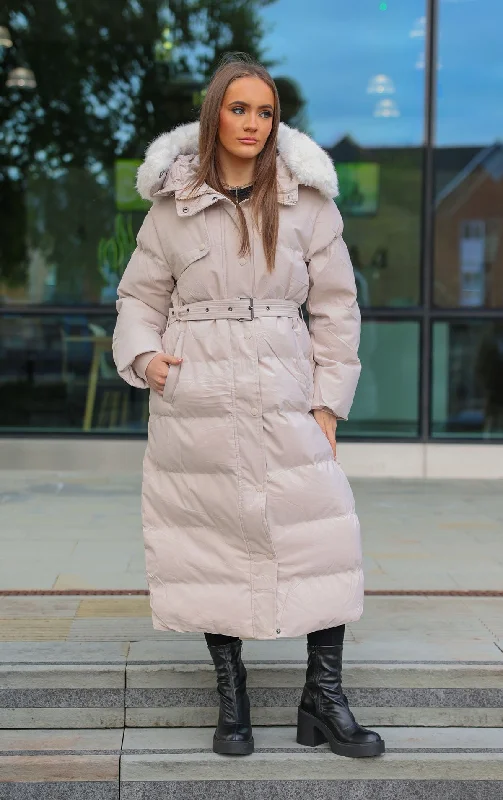 Women's snakeskin - print long boots for a wild aesthetic Beige Long Puffer Duvet Coat With Belt and Fur Hood Women's snakeskin - print long boots for a wild aesthetic Beige Long Puffer Duvet Coat With Belt and Fur Hood