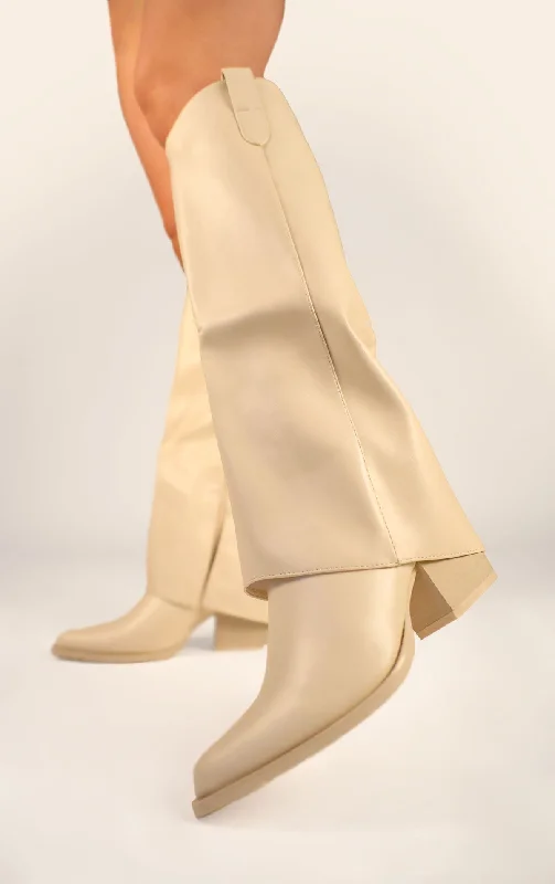 Women's long boots with a front zip - up closure Beige PU Leather Fold Over Shark Block Knee High Boot Women's long boots with a front zip - up closure Beige PU Leather Fold Over Shark Block Knee High Boot