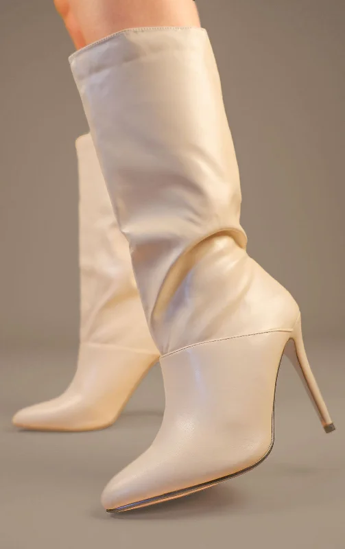 Women's long boots with a stacked heel for stability Beige PU Leather Mid Calf High Stiletto Heel Boots Women's long boots with a stacked heel for stability Beige PU Leather Mid Calf High Stiletto Heel Boots