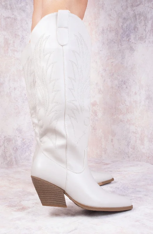 Women's stretchy long boots for easy on - off Beige PU Leather Western Style Knee High Cowboy Boot