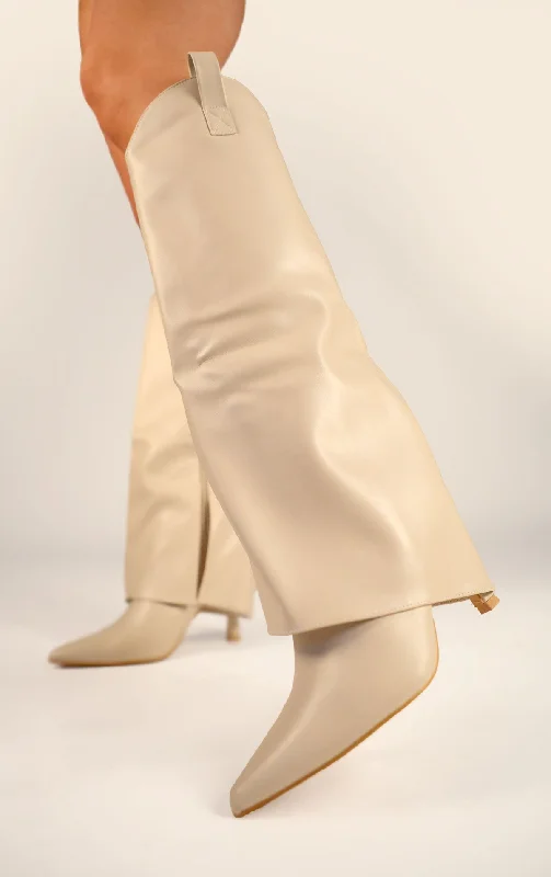 Women's long boots with a cut - out side panel Beige Stiletto PU Leather Fold Over Shark Knee High Boot Women's long boots with a cut - out side panel Beige Stiletto PU Leather Fold Over Shark Knee High Boot