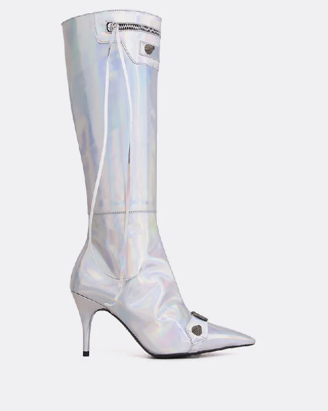 Women's tall boots with a stacked heel and fur trim Beyonce Silver Mirror