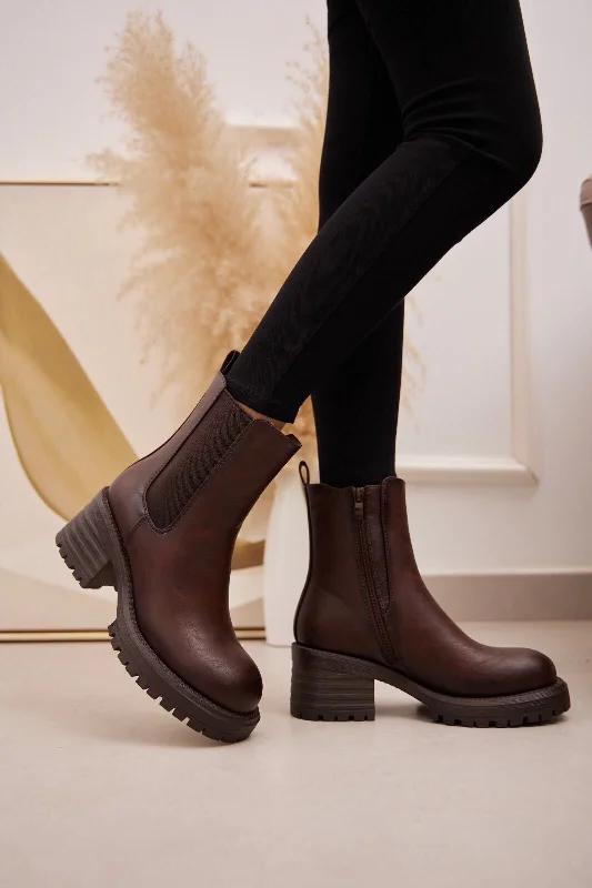 women's ankle boots with hidden wedge BROWN BLOCK HEEL CHELSEA ANKLE BOOT