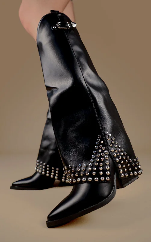 Women's long boots with a lace - up front and tassels Black Faux Leather Buckle Knee High Studded Shark Boots Women's long boots with a lace - up front and tassels Black Faux Leather Buckle Knee High Studded Shark Boots