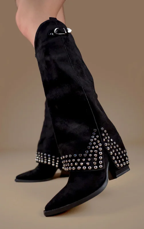 Women's long boots with a leather - and - mesh combination Black Faux Suede Buckle Knee High Studded Shark Boots Women's long boots with a leather - and - mesh combination Black Faux Suede Buckle Knee High Studded Shark Boots