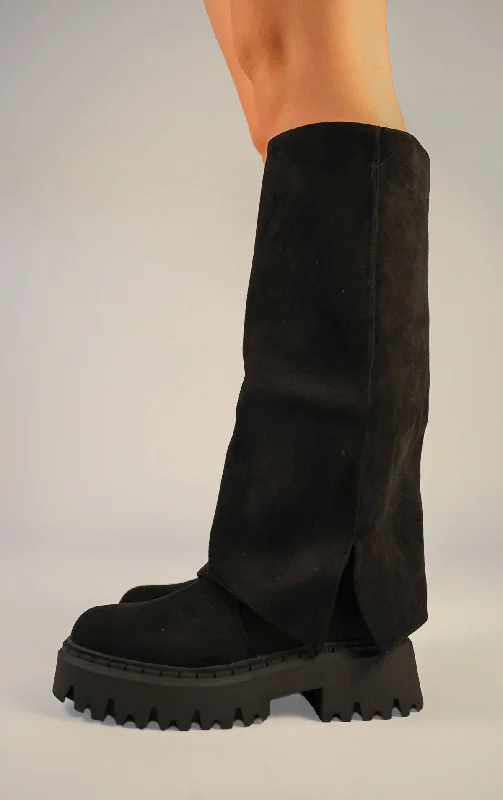 Women's long boots with a buckle - strap and studs Black Faux Suede Fold Over Chunky Round Toe Knee High Boots Women's long boots with a buckle - strap and studs Black Faux Suede Fold Over Chunky Round Toe Knee High Boots