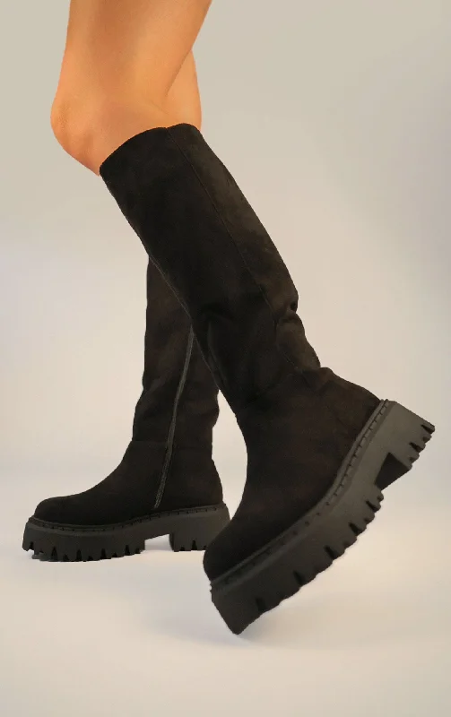 Women's waterproof long boots for rainy days Black Faux Suede Chunky Round Toe Knee High Fold Over Boots Women's waterproof long boots for rainy days Black Faux Suede Chunky Round Toe Knee High Fold Over Boots