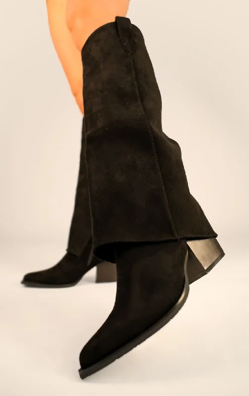 Women's long boots with a decorative bow on the side Black Faux Suede Fold Over Shark Block Knee High Boot Women's long boots with a decorative bow on the side Black Faux Suede Fold Over Shark Block Knee High Boot