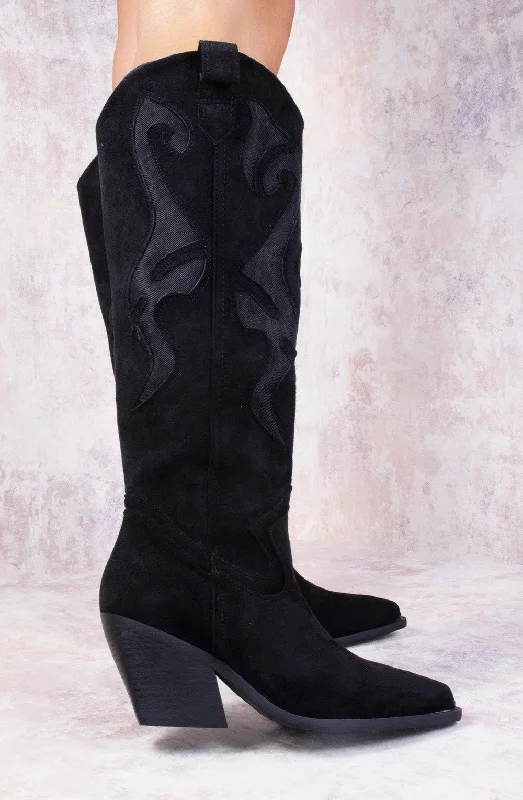 Women's long boots with a round toe for a classic look Black Faux Suede Western Style Knee High Mesh Cowboy Boot Women's long boots with a round toe for a classic look Black Faux Suede Western Style Knee High Mesh Cowboy Boot
