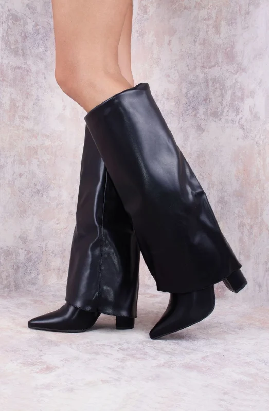 Women's long boots with a geometric print on the side Black Faux Leather Fold Over Shark Classic Knee High Boot Women's long boots with a geometric print on the side Black Faux Leather Fold Over Shark Classic Knee High Boot