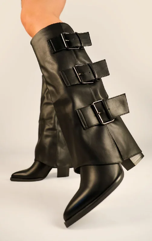 Women's long boots with a faux fur lining for extra warmth Black Leather Fold Over Black Buckle Strap Shark Knee High Boot Women's long boots with a faux fur lining for extra warmth Black Leather Fold Over Black Buckle Strap Shark Knee High Boot