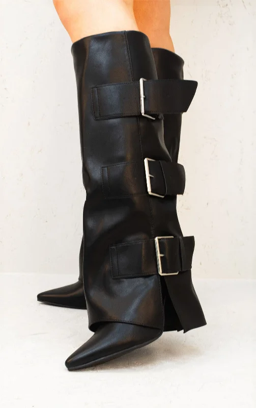 Women's long boots with a stacked heel for stability Black Leather Fold Over Buckle Strap Design Shark Knee High Boot Women's long boots with a stacked heel for stability Black Leather Fold Over Buckle Strap Design Shark Knee High Boot