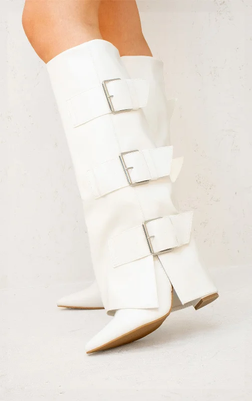 Women's adjustable - fit long boots with elastic inserts Buckle Detail White Fold Over Pu Leather Shark Lock Knee High Boots Women's adjustable - fit long boots with elastic inserts Buckle Detail White Fold Over Pu Leather Shark Lock Knee High Boots