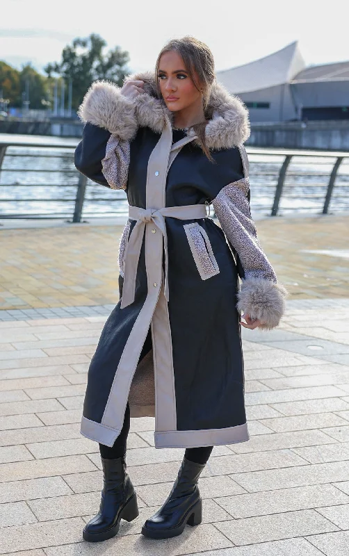 Women's long boots with a moisture - wicking interior Black PU Leather Long Aviator Trench Coat With Fur Lining Women's long boots with a moisture - wicking interior Black PU Leather Long Aviator Trench Coat With Fur Lining