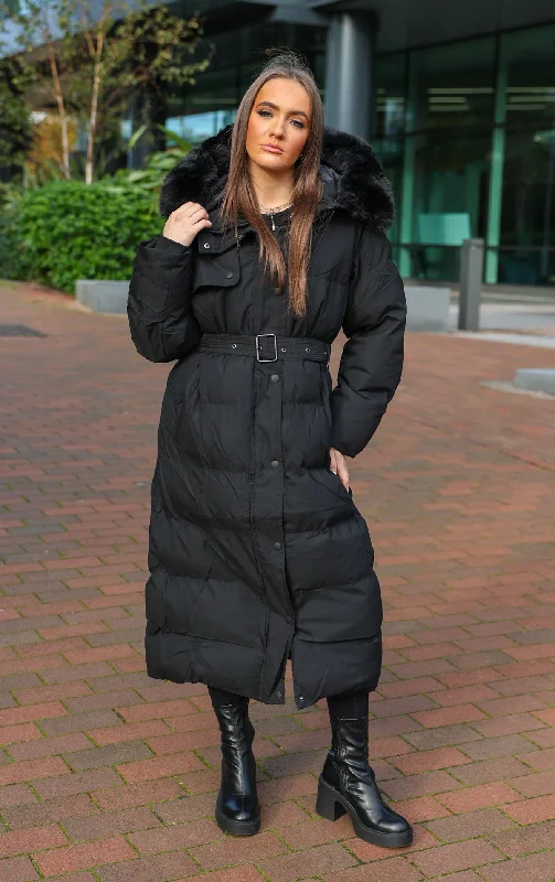 Women's over - the - knee long boots with a high - heel stiletto Black Long Puffer Duvet Coat With Belt and Fur Hood Women's over - the - knee long boots with a high - heel stiletto Black Long Puffer Duvet Coat With Belt and Fur Hood