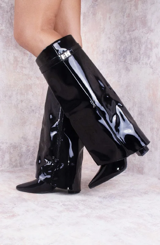 Women's long boots with a narrow - calf silhouette Black Patent Leather Fold Over Shark Classic Lock Buckle Boot Women's long boots with a narrow - calf silhouette Black Patent Leather Fold Over Shark Classic Lock Buckle Boot