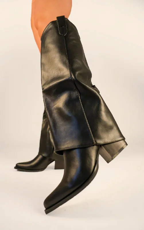 Women's long boots with a metallic - and - matte finish Black PU Leather Fold Over Shark Block Knee High Boot Women's long boots with a metallic - and - matte finish Black PU Leather Fold Over Shark Block Knee High Boot