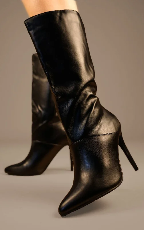 Women's over - the - knee long boots with a high - heel stiletto Black PU Leather Mid Calf High Stiletto Heel Boots Women's over - the - knee long boots with a high - heel stiletto Black PU Leather Mid Calf High Stiletto Heel Boots
