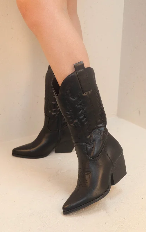 Women's long boots with a rhinestone - embellished shaft Black PU Leather Western Style Knee High Cowboy Boot Women's long boots with a rhinestone - embellished shaft Black PU Leather Western Style Knee High Cowboy Boot