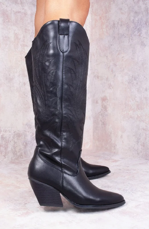 Women's multicolored printed long boots with a floral pattern Black PU Leather Western Style Knee High Cowboy Boot Women's multicolored printed long boots with a floral pattern Black PU Leather Western Style Knee High Cowboy Boot