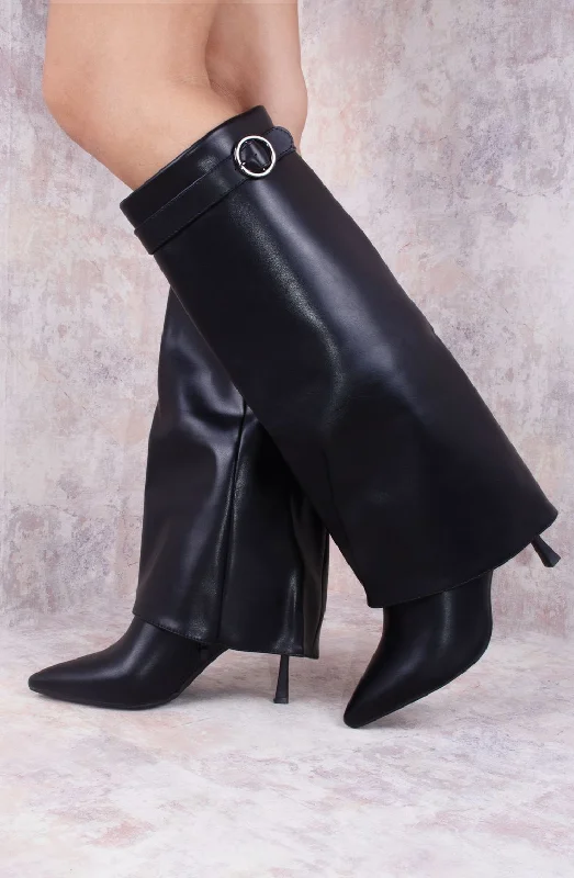 Women's long boots with a buckle - strap and studs Black Stiletto Leather Fold Over Shark Buckle Knee High Boot Women's long boots with a buckle - strap and studs Black Stiletto Leather Fold Over Shark Buckle Knee High Boot