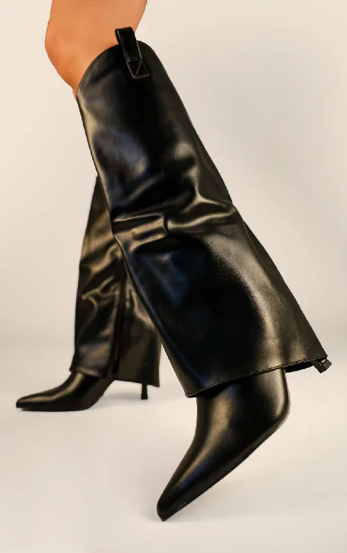 Women's long boots with a tapered toe shape Black Stiletto PU Leather Fold Over Shark Knee High Boot Women's long boots with a tapered toe shape Black Stiletto PU Leather Fold Over Shark Knee High Boot