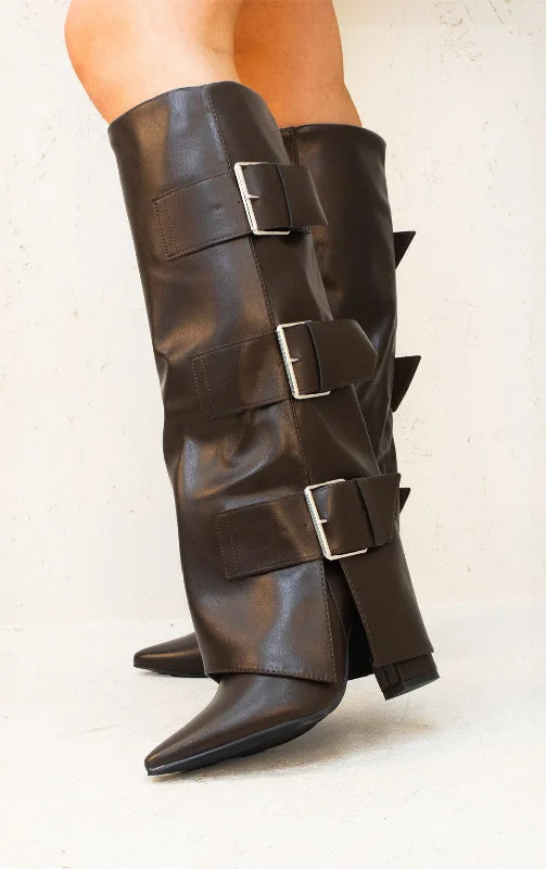 Women's long boots with a glittery heel accent Brown Leather Fold Over Buckle Strap Design Shark Knee High Boot Women's long boots with a glittery heel accent Brown Leather Fold Over Buckle Strap Design Shark Knee High Boot