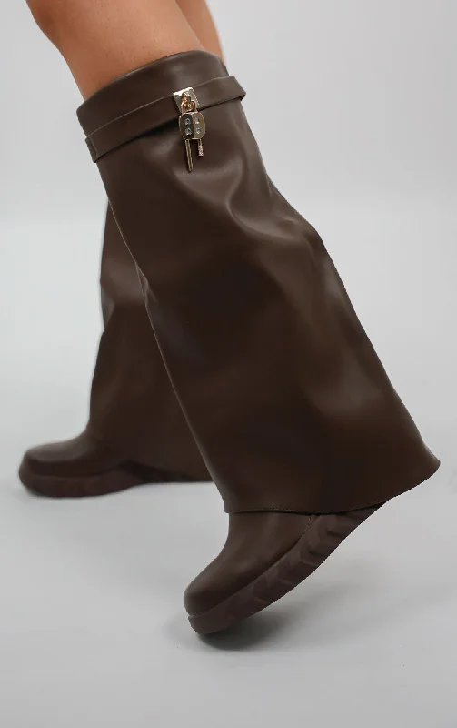 Women's long boots with a high - traction tread for outdoor use Brown Wedge PU Leather Fold Over Shark Lock Detail Knee High Boot Women's long boots with a high - traction tread for outdoor use Brown Wedge PU Leather Fold Over Shark Lock Detail Knee High Boot