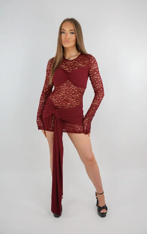 Women's gray metallic long boots for a futuristic style Burgundy Lace Long Sleeved Dress Women's gray metallic long boots for a futuristic style Burgundy Lace Long Sleeved Dress