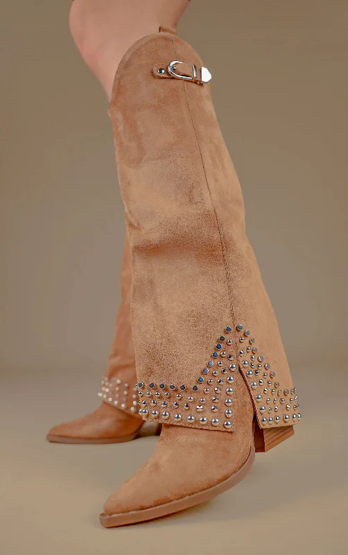 Women's long boots with a perforated leather pattern Camel Faux Suede Buckle Knee High Studded Shark Boots