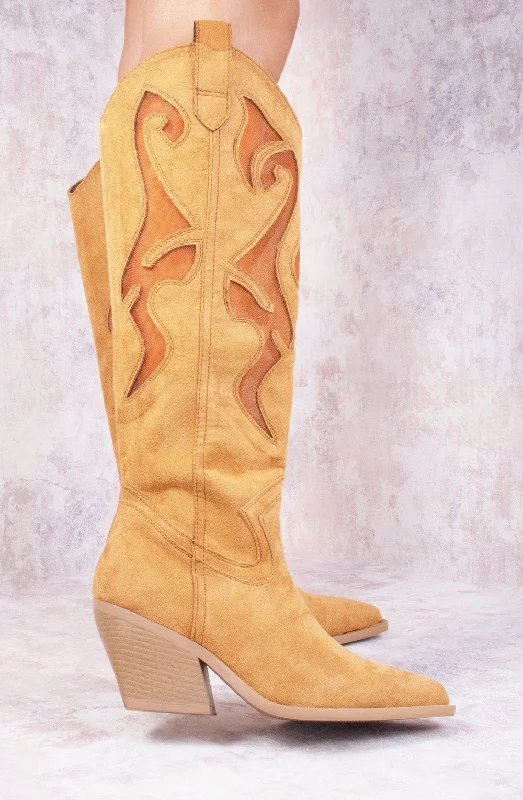 Women's long boots with a patent - leather and suede mix Camel Faux Suede Western Style Knee High Mesh Cowboy Boot Women's long boots with a patent - leather and suede mix Camel Faux Suede Western Style Knee High Mesh Cowboy Boot