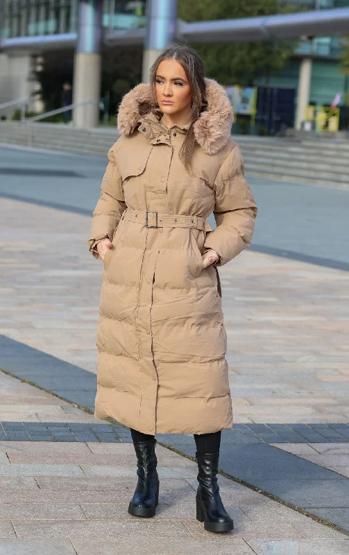 Women's long boots with a zip - front and embroidery Camel Long Puffer Duvet Coat With Belt and Fur Hood Women's long boots with a zip - front and embroidery Camel Long Puffer Duvet Coat With Belt and Fur Hood