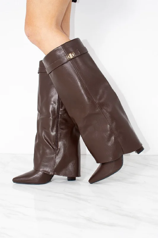 Women's long boots with a front zip - up closure Chocolate Brown Faux Leather Fold Over Shark Classic Buckle Knee High Boot Women's long boots with a front zip - up closure Chocolate Brown Faux Leather Fold Over Shark Classic Buckle Knee High Boot